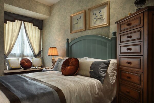 现代清新卧室蓝绿色床头室内装修效果图