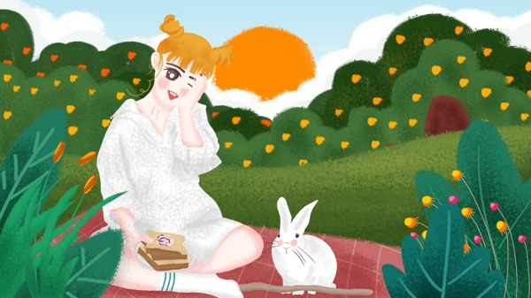 原创插画卖萌日可爱女孩与小兔子