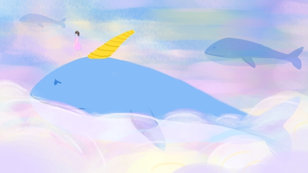 原创插画女孩与蓝鲸的梦幻场景