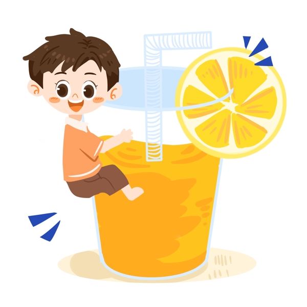 夏日卡通男孩与橙汁PNG素材