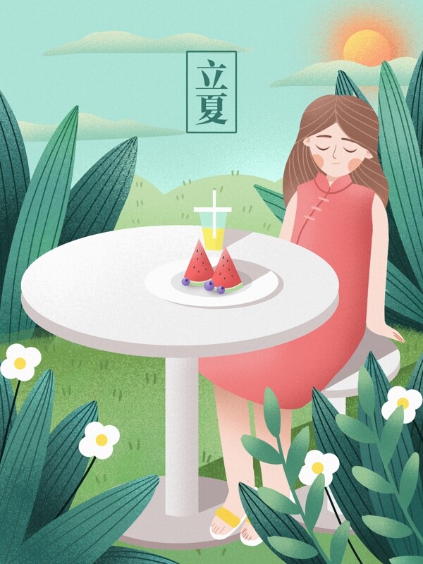 二十四节气立夏草地上野餐的女孩