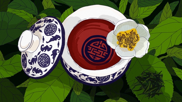 原创青花盖碗茶文化吃茶去手绘插画