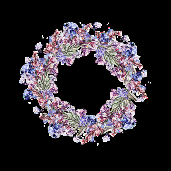 清新蓝紫色花朵手绘花环装饰元素