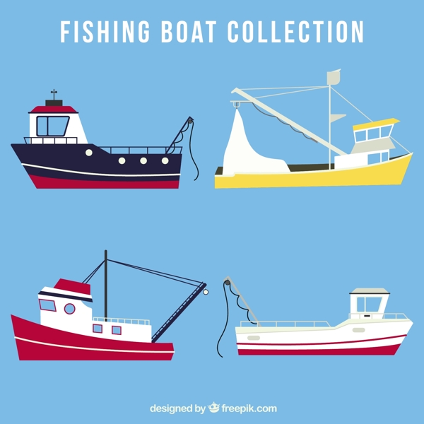 手绘四艘渔船平面设计插图