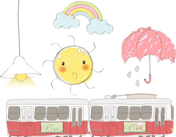 手绘火车雨伞太阳图片