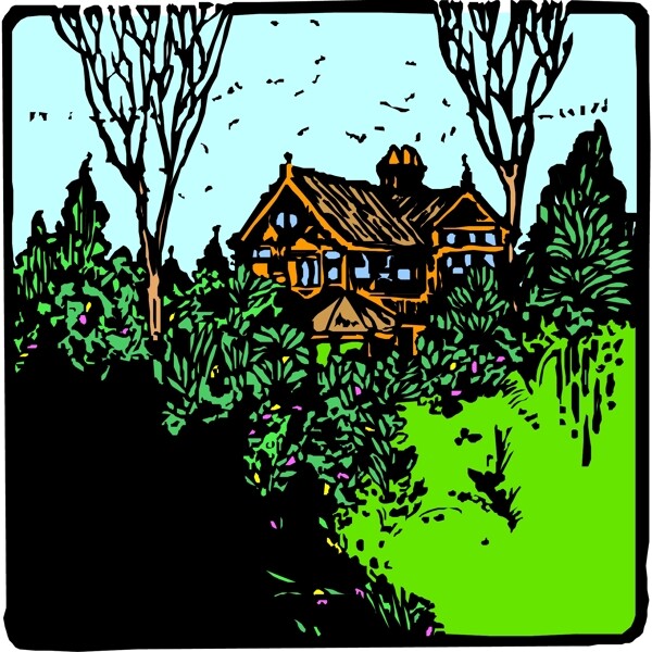 矢量密林中的房子彩色风景图画