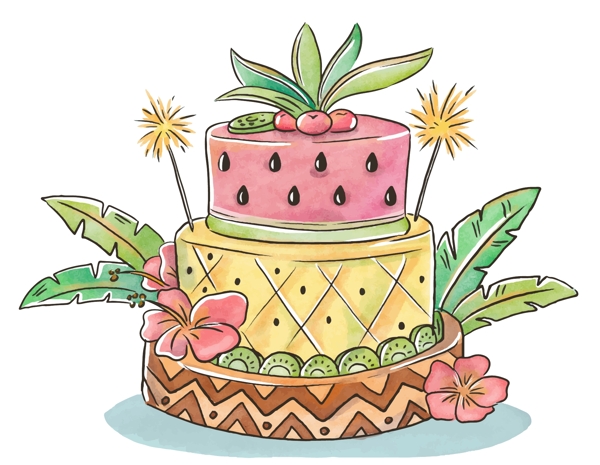 手绘彩色植物多层蛋糕元素