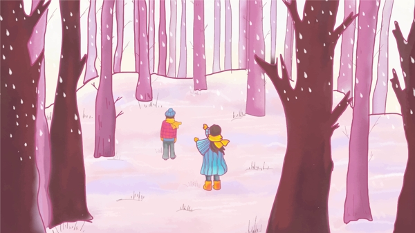 创意雪景树木小女孩背影小清新插画暖冬