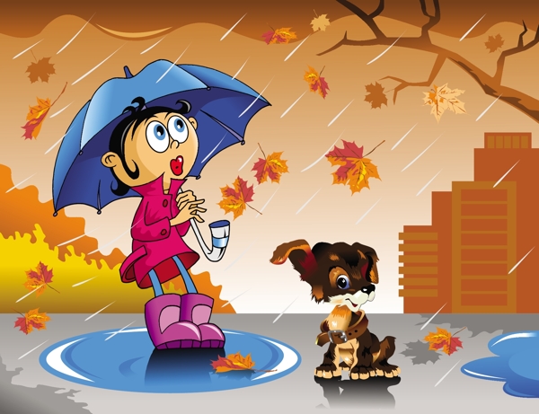 落叶秋雨中的卡通儿童小狗图片