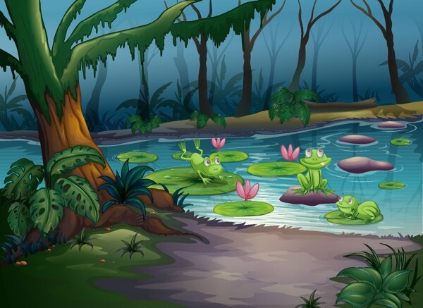 绿色大树下的荷花池和可爱青蛙