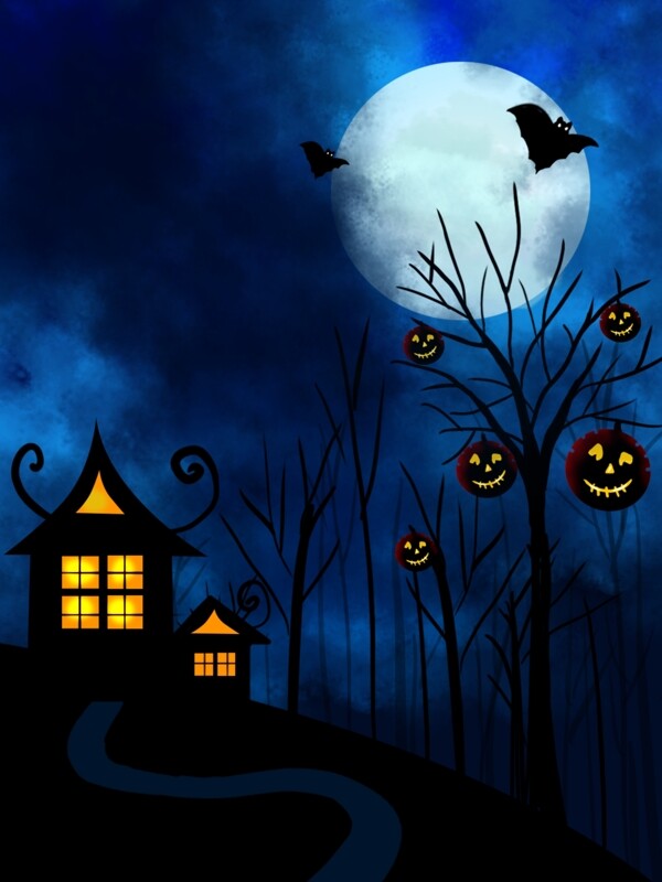 原创万圣节夜晚月亮城堡卡通背景