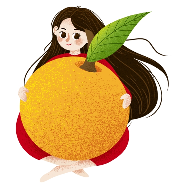 手绘卡通可爱抱着橘子的女孩元素