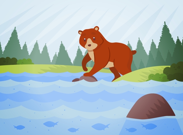 矢量卡通森林熊河边捕鱼