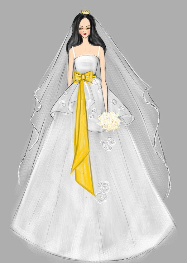 黄色蝴蝶结婚纱礼服设计图