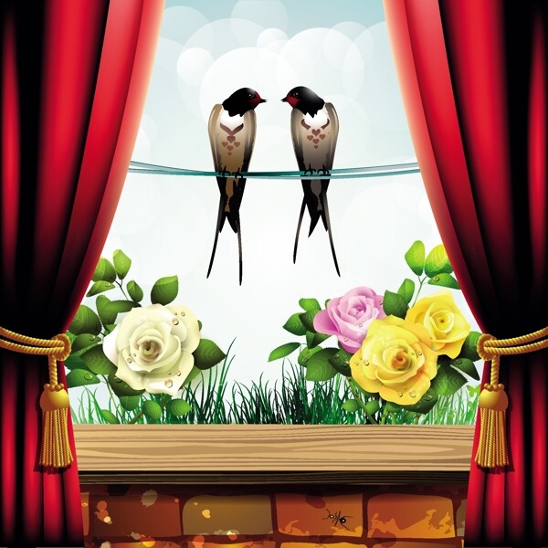 窗帘和花的小鸟