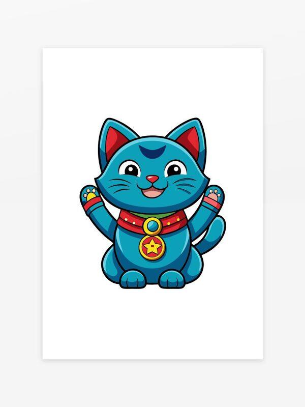 卡通可爱手绘蓝色招财猫插画