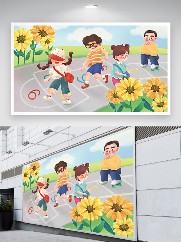 童年的游戏孩子们的跳房子时光插画