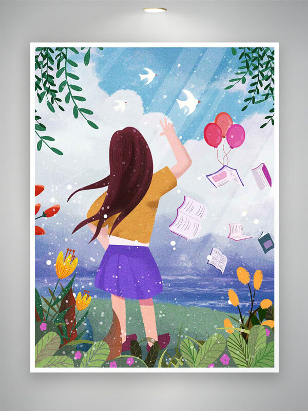 唯美手绘湖边卡通人物背影梦幻主题插画