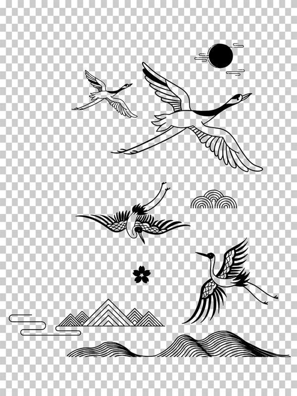 中国风传统文化黑白图案仙鹤山峦简笔画插画