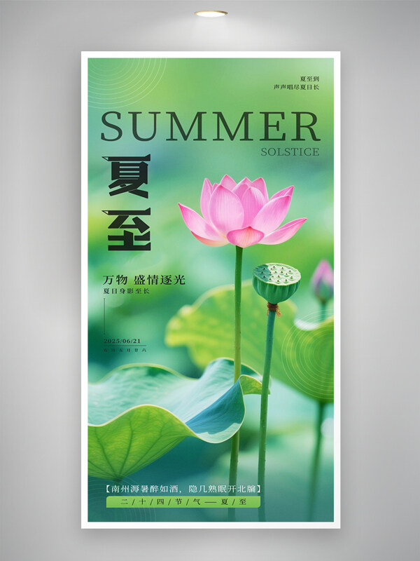 简约绿色主题荷塘荷花创意夏至节气海报