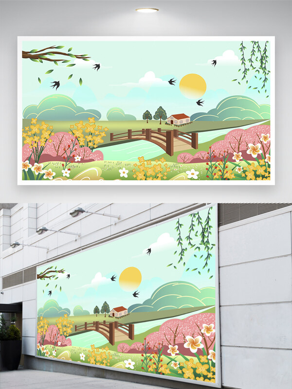 简约风格春天绿色草地小燕子风景插画