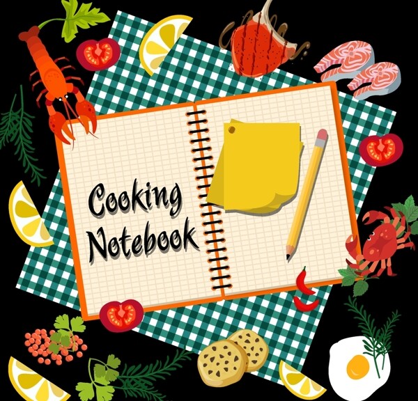 创意桌上的蔬菜和烹饪笔记