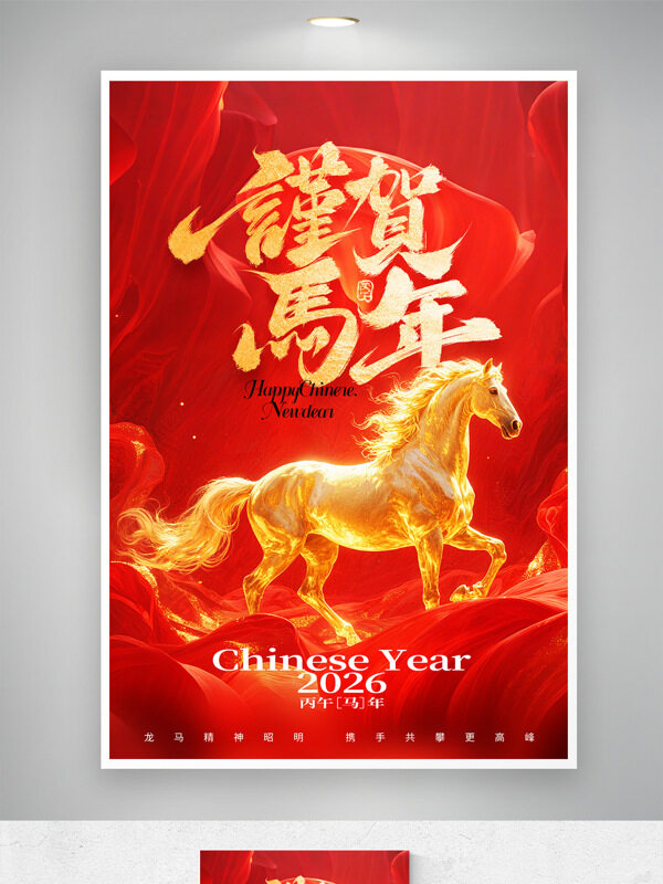 黄金骏马红色背景谨贺马年主题海报