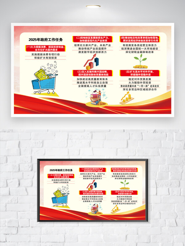 简约卡通插画发展经济民生改善主题党建展板
