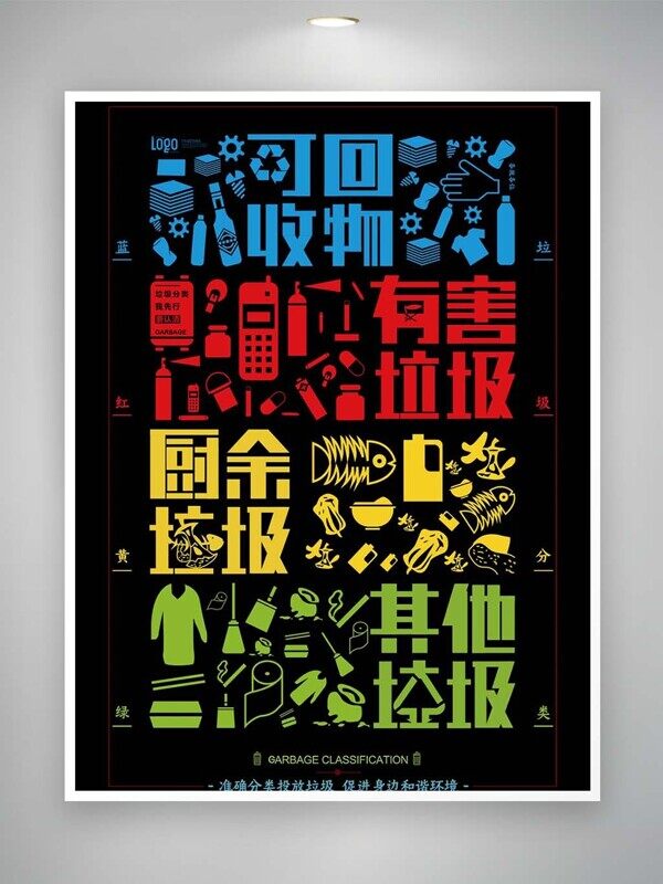 彩色可回收有害垃圾厨余垃圾分类海报