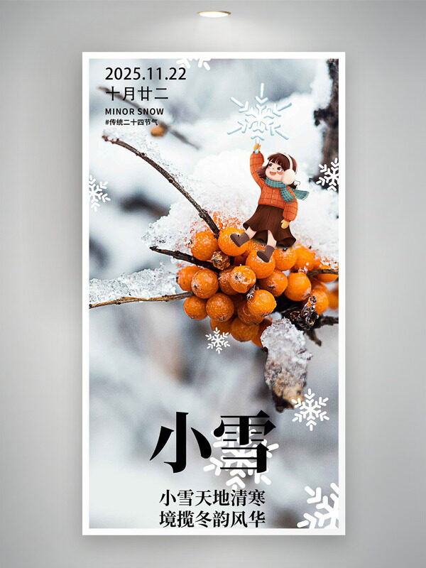 扁平卡通插画雪花图案小雪节气海报