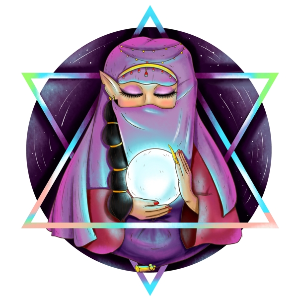 原创手绘水晶球六芒星星图占卜女巫精灵元素