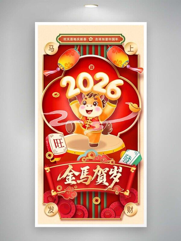 卡通福娃马手举2026金马贺岁福旺发财喜庆海报