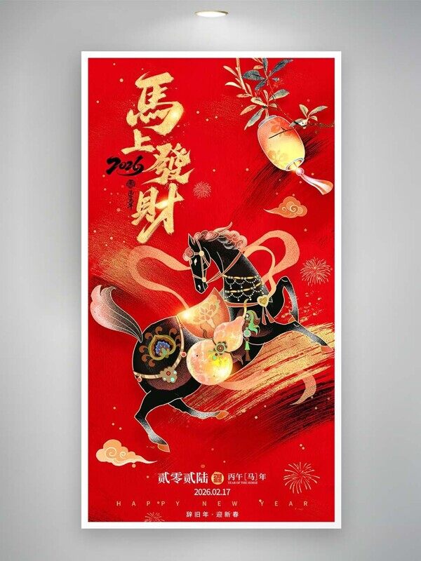 马上发财黑马奔腾送财2026中式红色喜庆新年海报