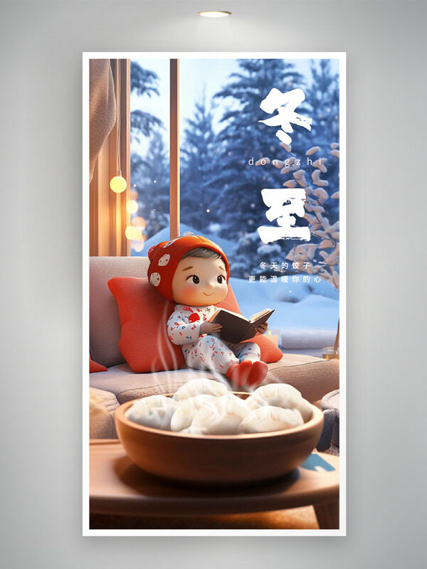 卡通立体人物冬至节气温馨场景海报