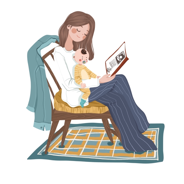 复古手绘和宝宝一起看书的宝妈
