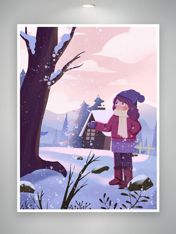 温馨唯美户外冬雪飘飘手绘女生插画