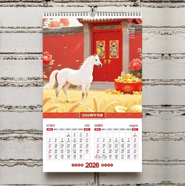 黄金麦田红墙白马新年七月八月丰收台历