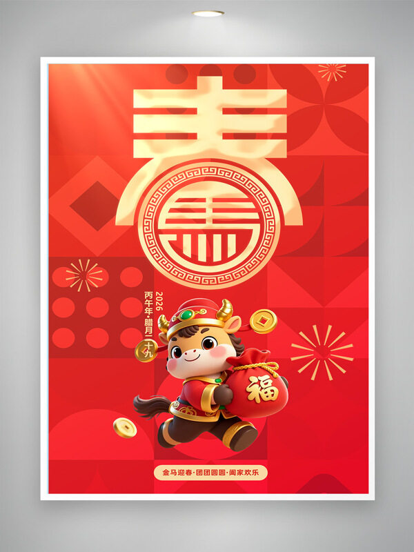 红色喜庆卡通骏马插画春节海报