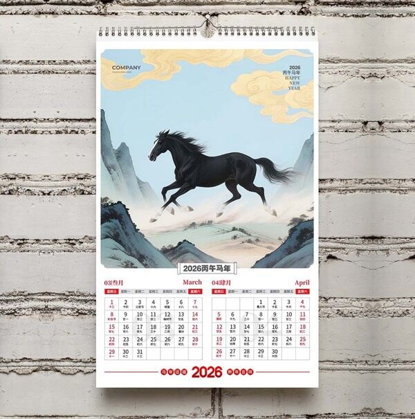 黑色骏马奔驰群山峻岭马年吉祥26年三四月份挂历