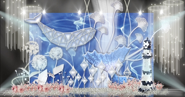 蓝色海洋灯塔鲸鱼流苏灯饰水花婚礼效果图