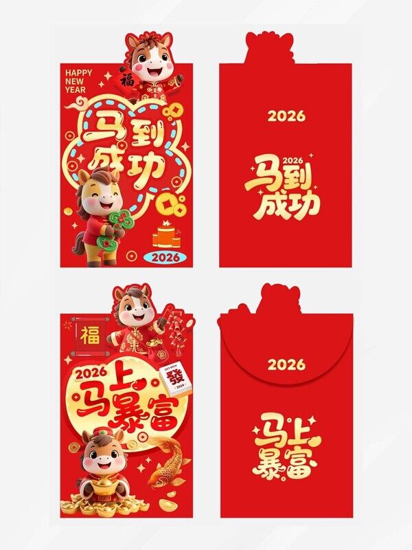 马到成功马上暴富立体2026年卡通喜庆红包设计