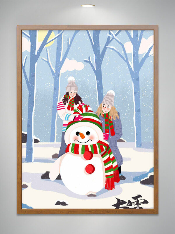 浪漫冬日大雪纷飞创意手绘女生雪人插画