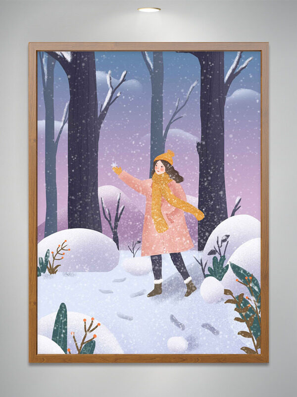 浪漫冬季卡通女生雪地赏雪插画