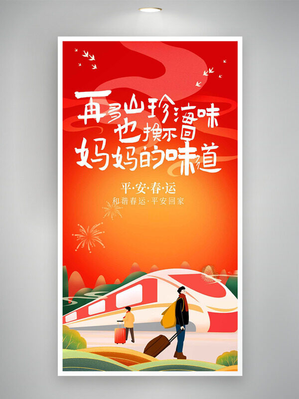 简约手绘高铁卡通人物平安春运主题海报