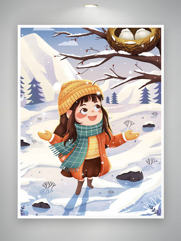简约手绘女生户外雪地玩雪插画