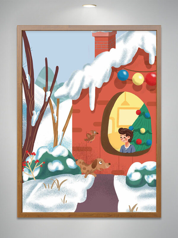 冬季圣诞节主题手绘卡通建筑人物插画