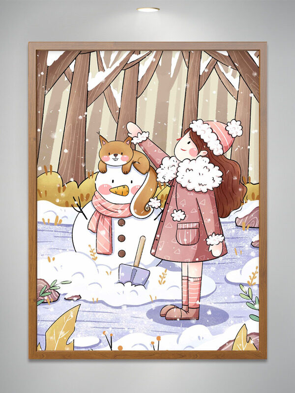 简约手绘卡通少女雪人冬季唯美浪漫插画