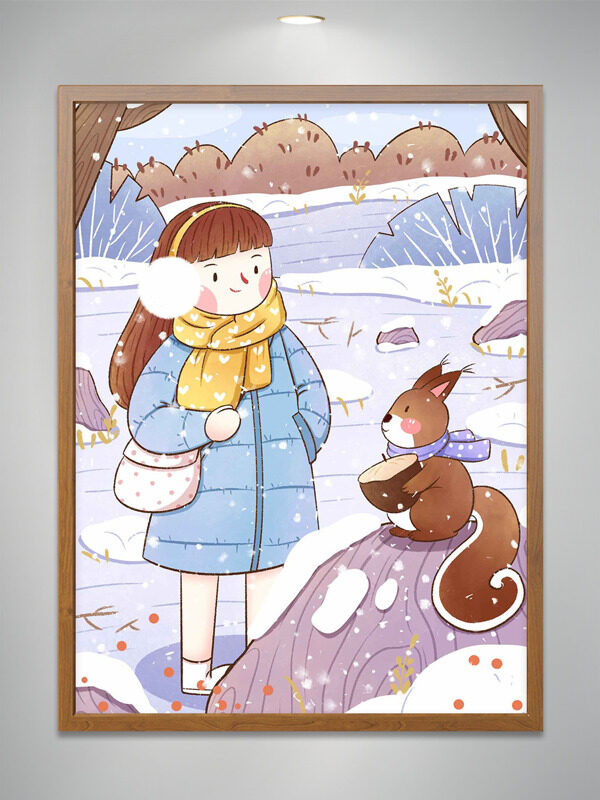 创意简约手绘浪漫户外冬日女生松鼠插画