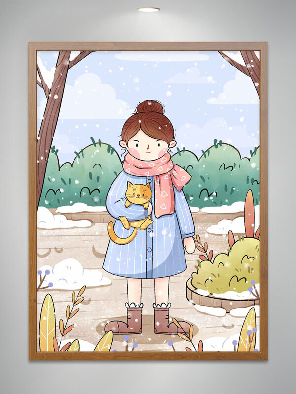 浪漫唯美冬日手绘卡通女生插画