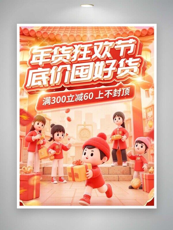 年货狂欢节底价囤好货满减优惠卡通送礼电商海报